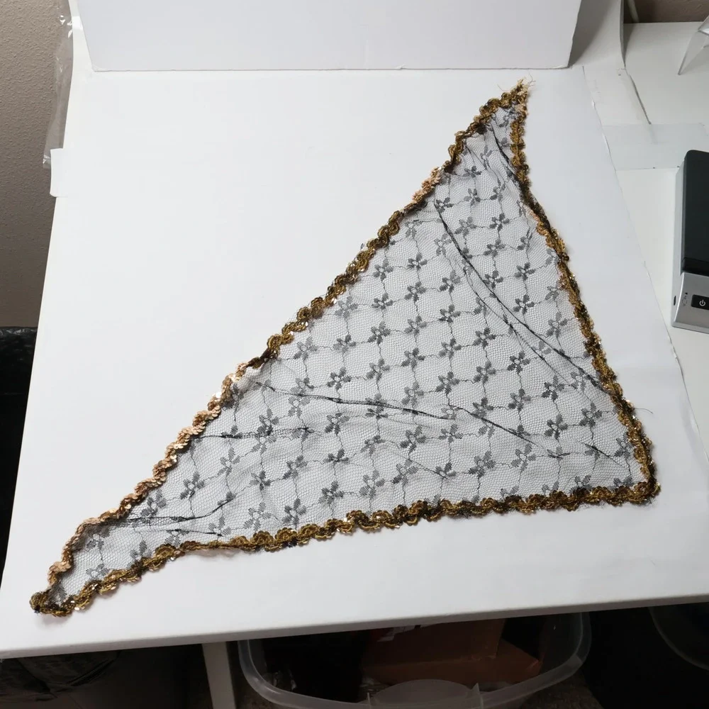 Vintage Black Lace‎ Triangle Scarf Mantilla Gold Sequin Trim Head Covering